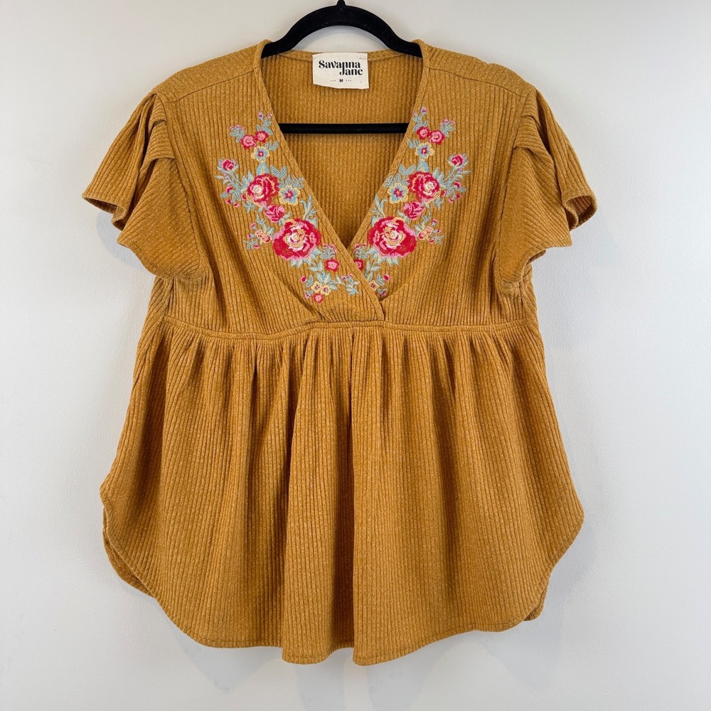 Savanna Jane Top Womens Medium Boho Floral Embroidered Ribbed Babydoll Mustard